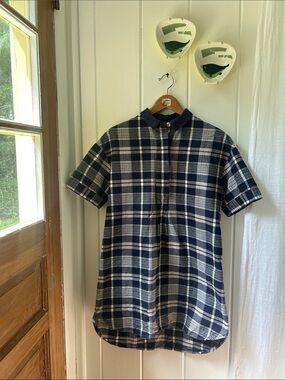 Toast UK Navy and White Plaid Short-Sleeve Shirtdress size 12